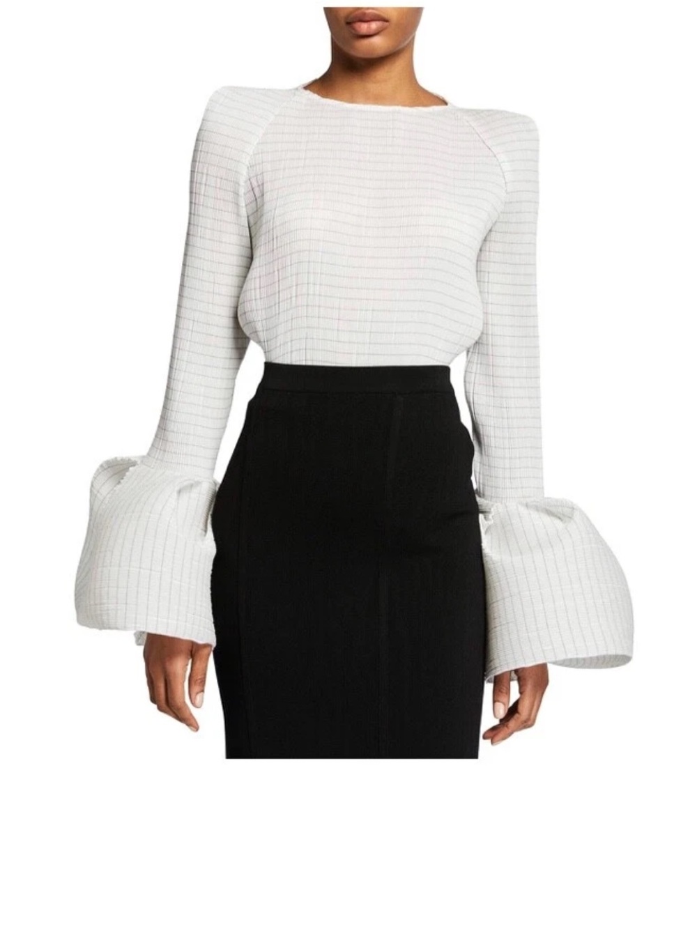 2021 Maticevski BLACK AND WHITE STRIPED CURVE BLOUSE WITH BELL SLEEVES